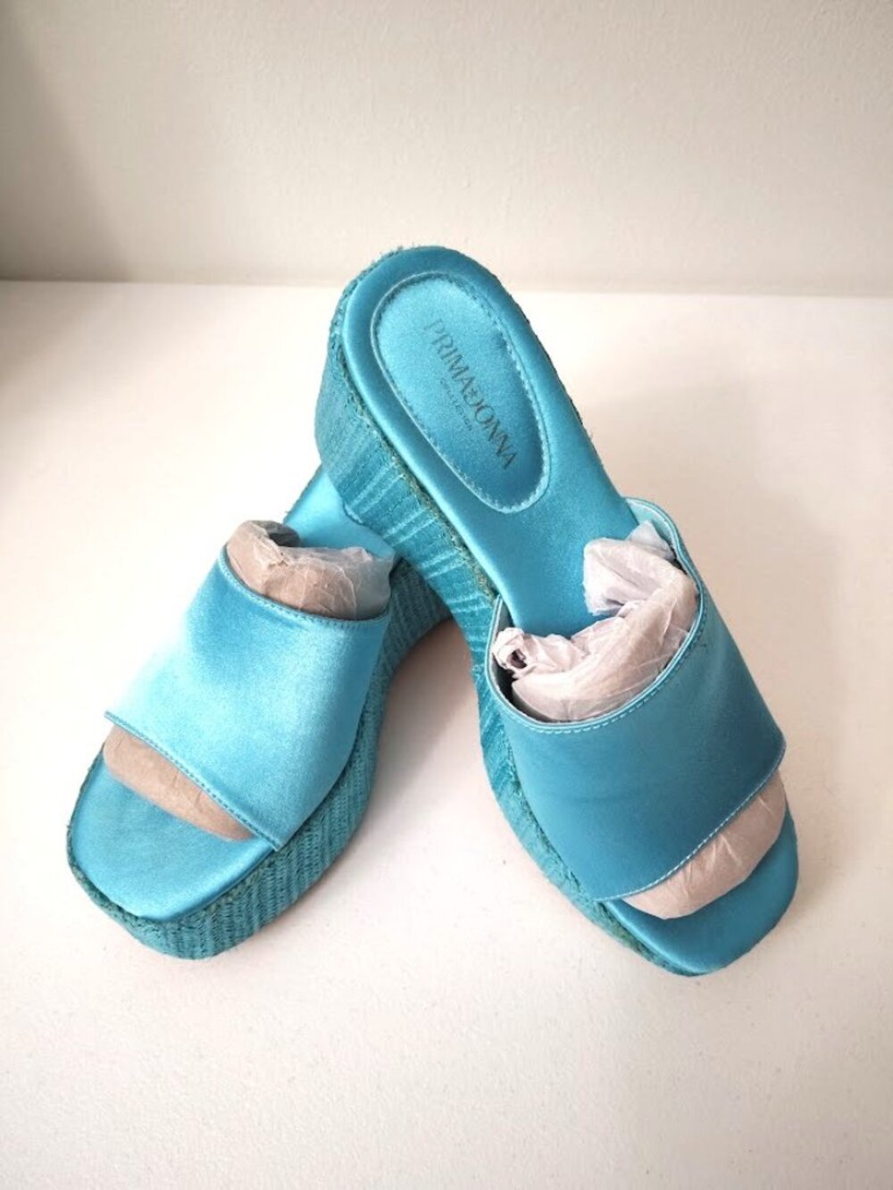 Primadonna Collection Turquoise Blue Satin Platform Wedge Sandal Mules size 38